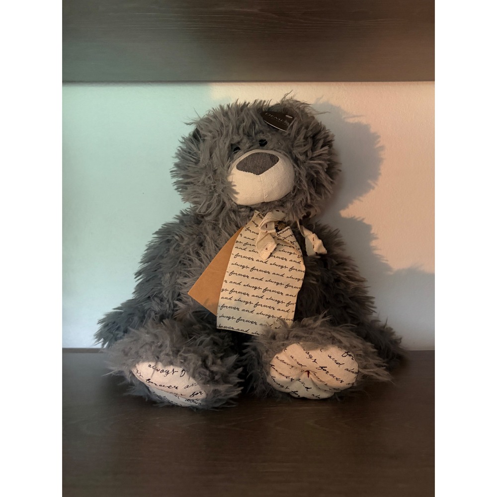 Demdaco Giving Bear Gray Shaggy Plush Forever and Always Script Bow NWT